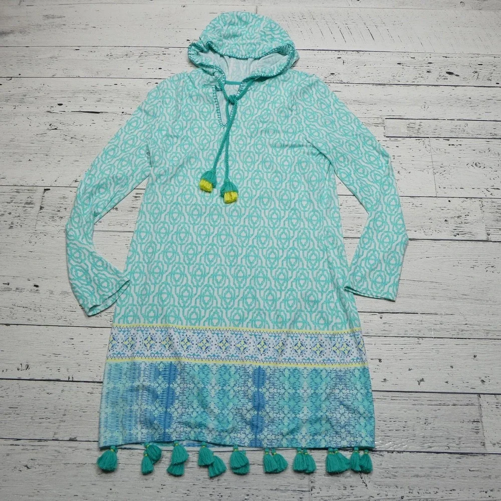 Cabana Life Hooded Tunic Womens Small Blue White Tassel Swim Cover Up Boho Beach - Picture 1 of 9